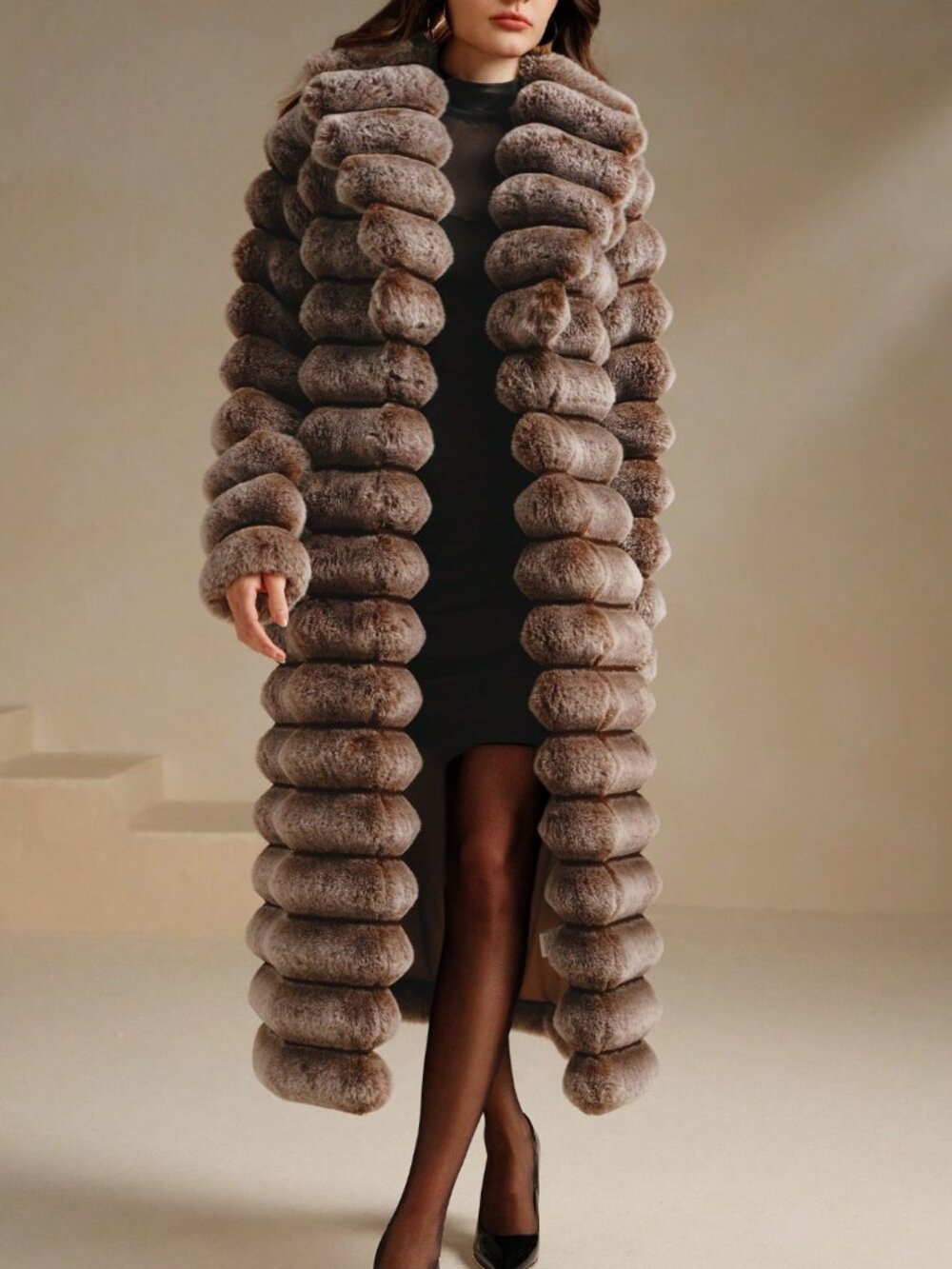Brown Elegant Women's Faux Rabbit Fur Coat